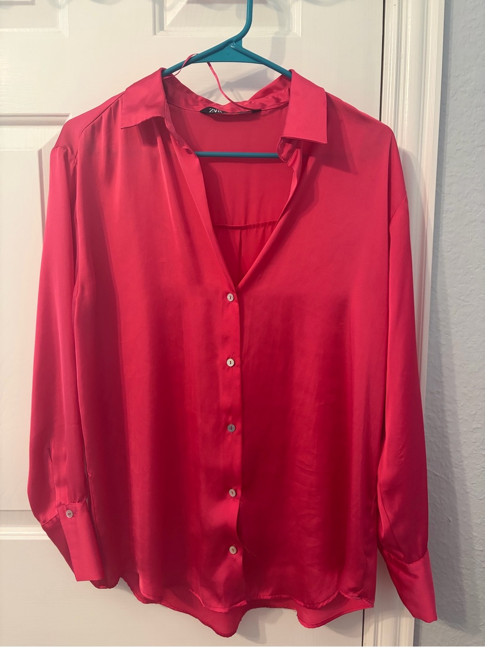 Zara Women’s Oversized V-Neck Button-Up Blouse — Bright Pink